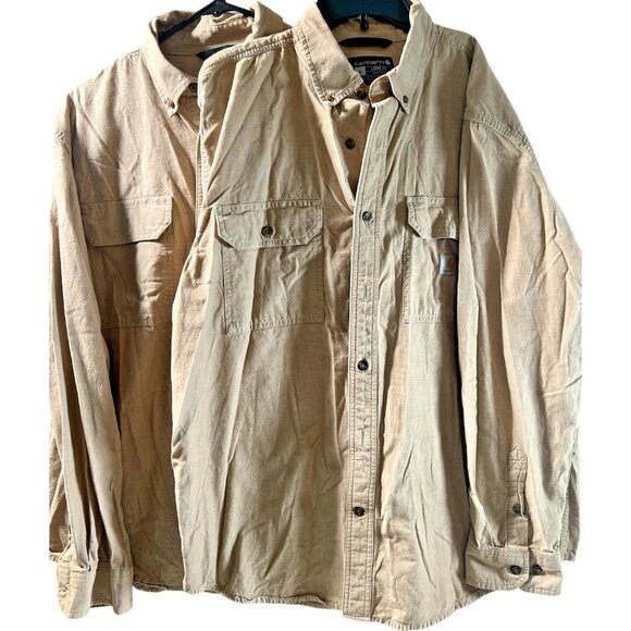 Carhartt Shirt Mens Large Tan Loose Fit Cotton Button Up Workwear Pair of 2 - Picture 3 of 12